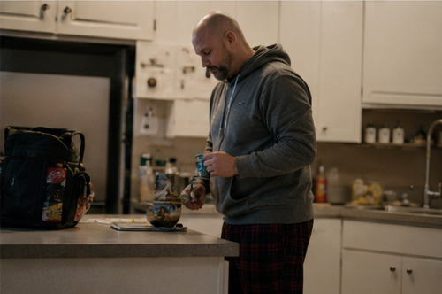 A dad packing a bag in the kitchen.